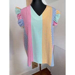 Colorful Vertical Stripe Ruffle Sleeve VNeck Blouse XXL Multicolor Top